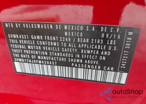 2015 Volkswagen Jetta 1.8T Sport z USA, uszkodzony, nr VIN 3VWD17AJ9FM420437